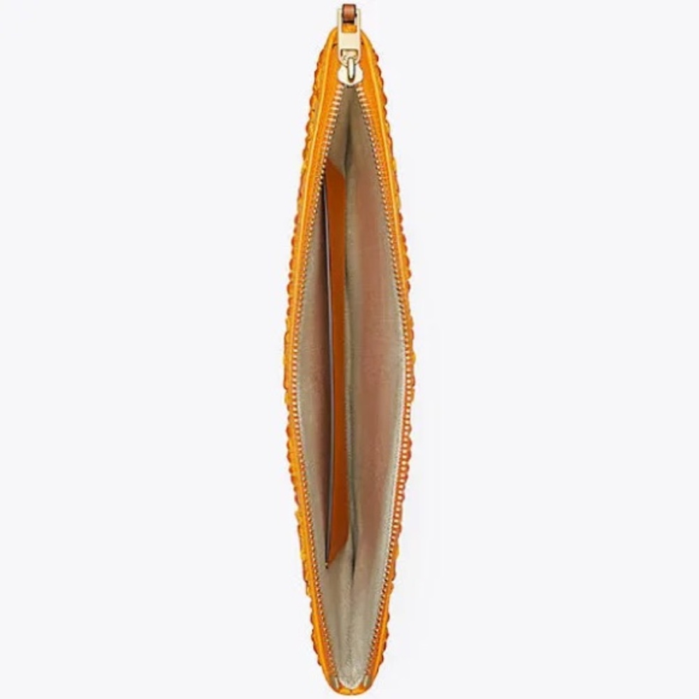 NWT Tory Burch Women's T Monogram Embellished Orange Citrine Straw Pouch - Picture 2 of 5